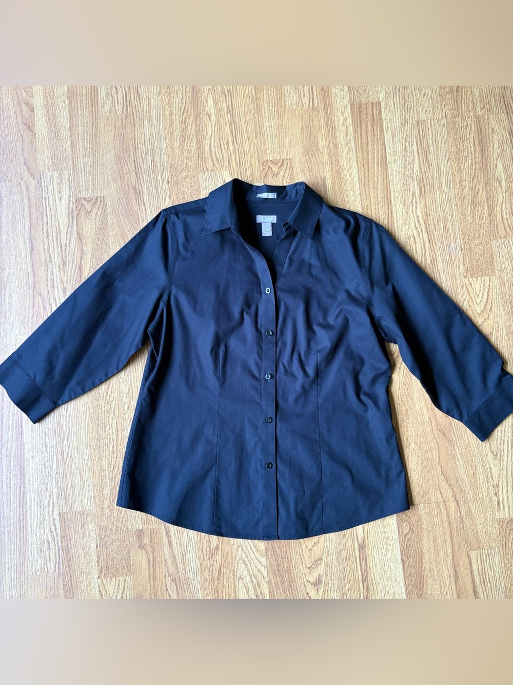Chico's Black Button-Front Shirt Blouse 3/4 Sleeve Wrinkle Resistant Sz 1 M